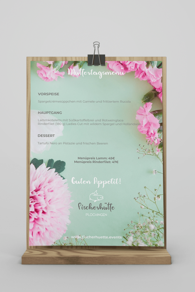 Muttertagsmenü-Karte der Fischerhütte auf Holzständer