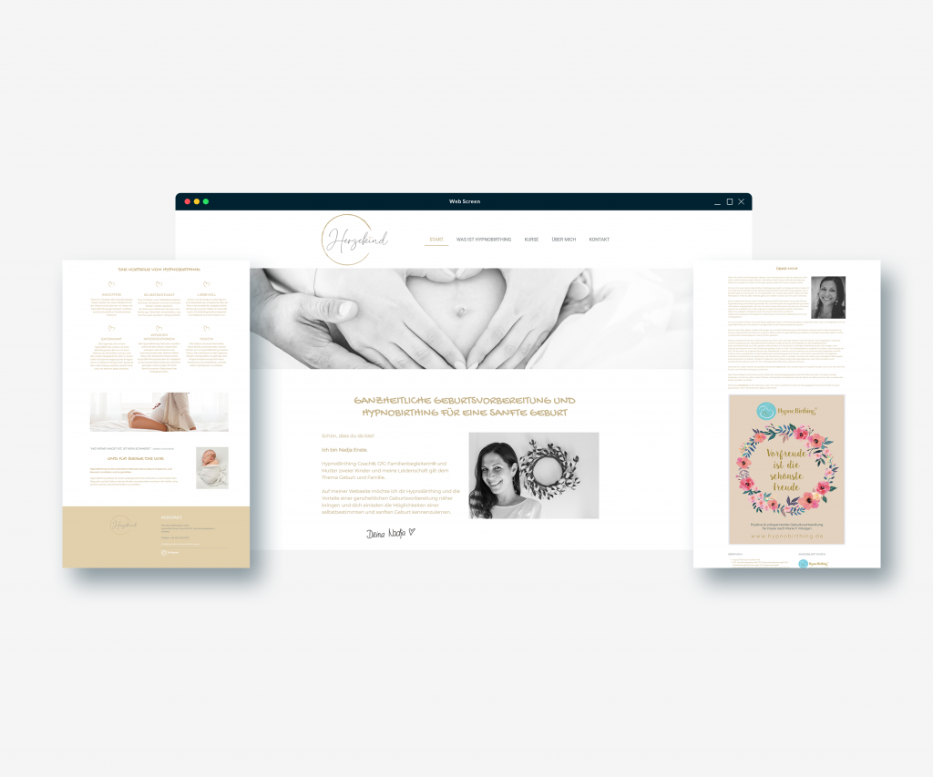 Herzekind-Website in Creme mit Start-, Info- und Kontaktseiten