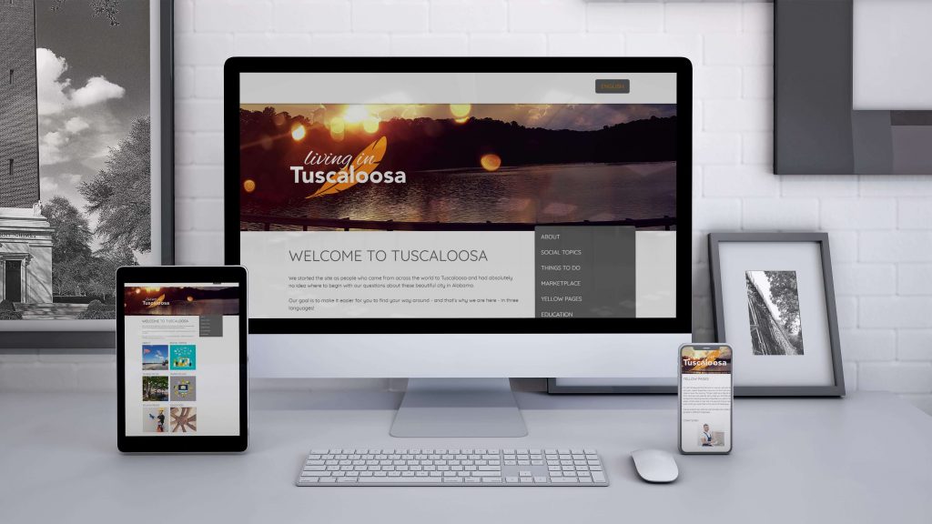 City-Guide Website ‚living in Tuscaloosa‘ auf Desktop, Tablet, Phone
